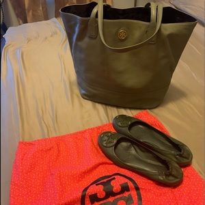 Tory Burch Olive Green Tote w/ Free Tory Flats